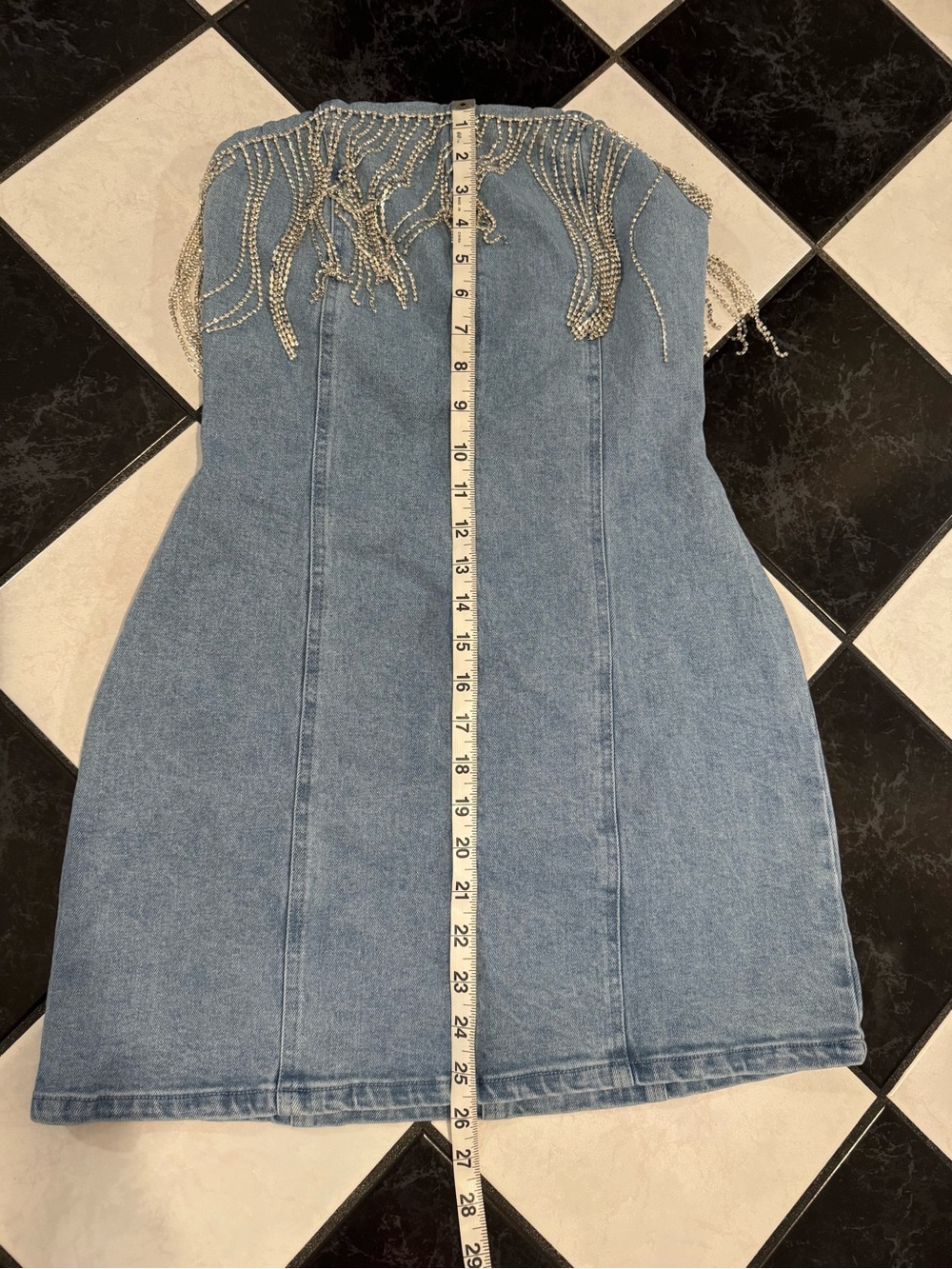 12th Tribe Denim Mini Dress with Rhinestone Fringe - Picture 5 of 7